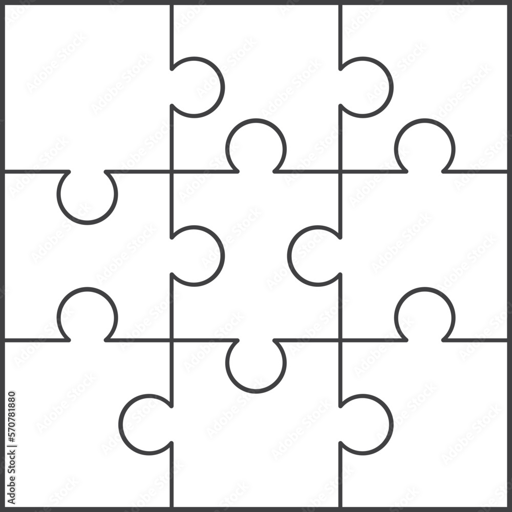 Puzzle Jigsaw set of 9 outline line art vector design flat illustration ...