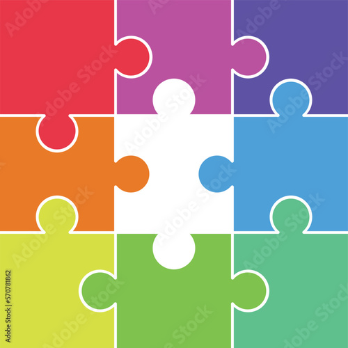 Puzzle Jigsaw set of 9 with missing pieces in the middle  in colorful rainbow color vector flat design in monochrome color with various type of shape ready to use and free editable