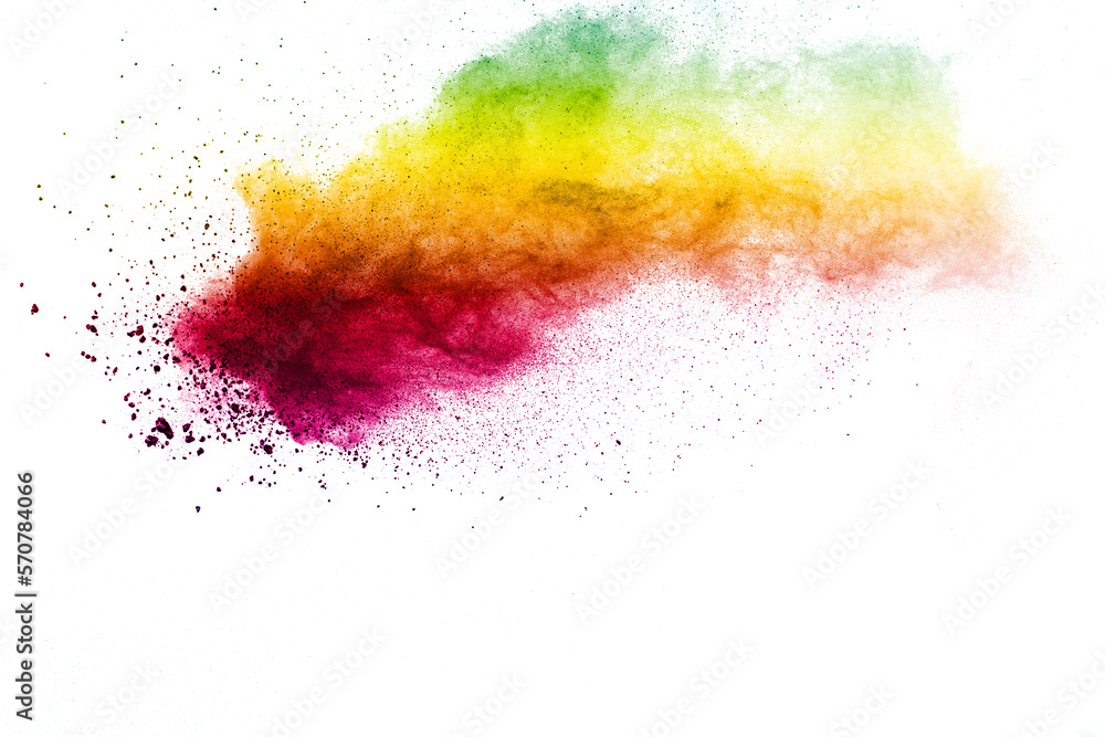 Red yellow and green dust particles explosion on white background.Colorful powder dust splash. Red yellow and green dust particles explosion on white background.Colorful powder dust splash.