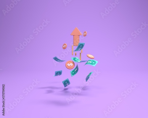 Cash and coins floating around colored arrows. On orange background. Save money. Cashless society concept. 3d illustration.