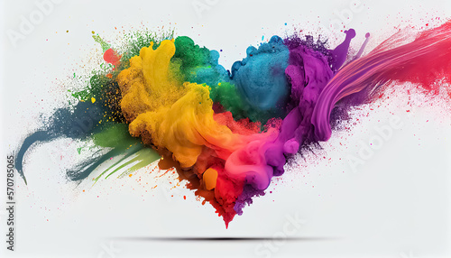 colorful rainbow holi paint color powder explosion heart shape white background scene