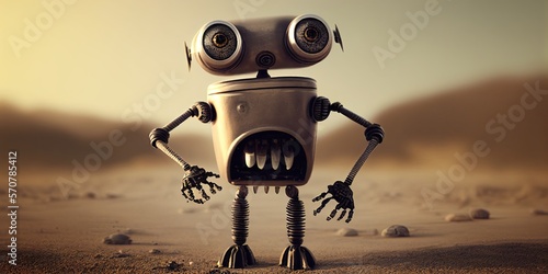 Inquisitive surprised. happy robot buddy. Cute metal cyborg android toy friend.