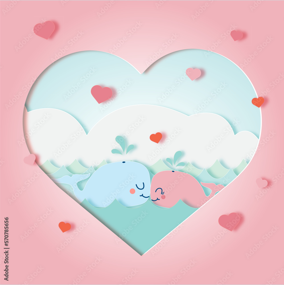 Cute whale couple swimming and splashing in the sea waves with love, white clouds in heart shape paper cut style. Cute whale couple swimming and splashing in the sea waves with love, white clouds in heart shape paper cut style.