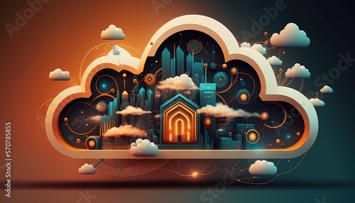 Cloud computing technology concept background, digital illustration, AI Generative