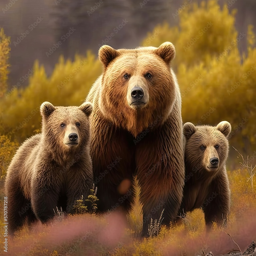 Obraz premium Female bear and her two cubs in the meadow. Generative AI image