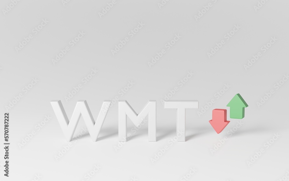 3d render Walmart Inc. of the stock market in white latters with green and red arrow isolated on white background. WMT stock market index trading. 3d render Walmart Inc. of the stock market in white latters with green and red arrow isolated on white background. WMT stock market index trading.