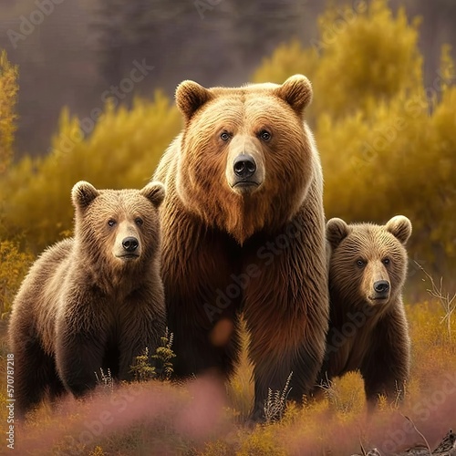 Female bear and her two cubs in the meadow. Generative AI image