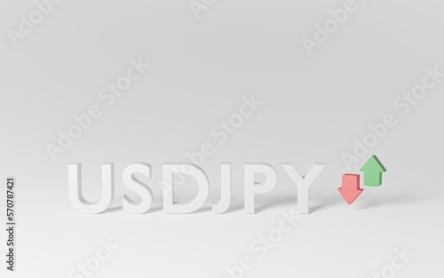 3d render US dollar and Japanese Yen of the forex market in white latters with green and red arrow isolated on white background. USD/JYP currency pair trading. photo