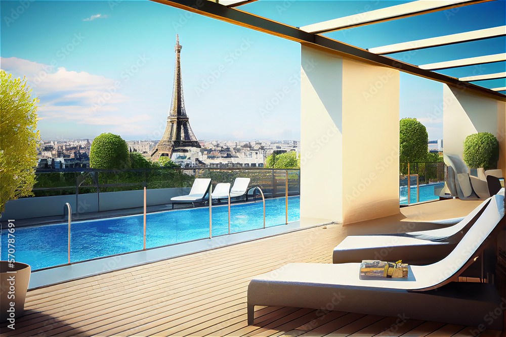 Image showcasing Impressive penthouse terrace with a swimming pool overlooking Paris ...