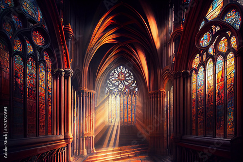 Magnificent cathedral interior with light filtering through the stained glass, generative AI
