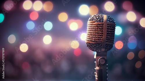 Stylish old retro microphone on colored background with bokeh. Concept banner karaoke and stund up comedy. Generation AI photo