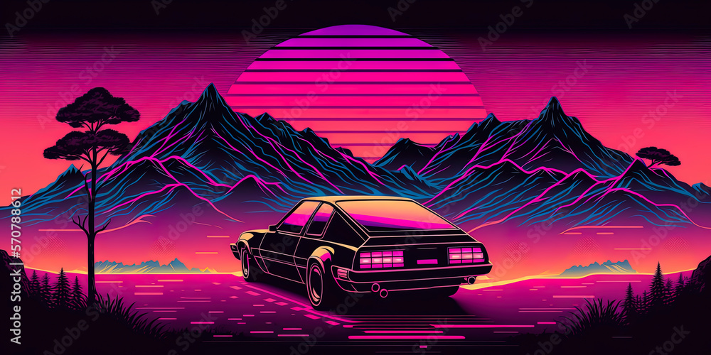 Retro futuristic back side view 80s supercar on trendy synthwave ...