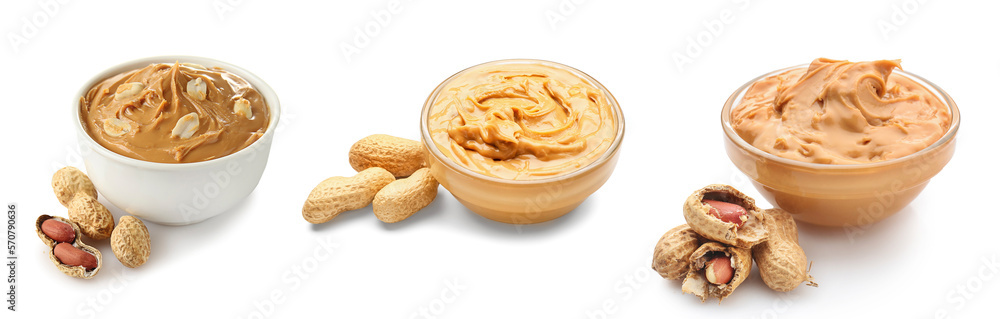 Collage of tasty peanut butter in bowls on white background Collage of tasty peanut butter in bowls on white background