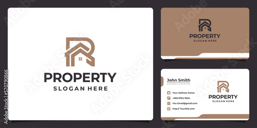 Building letter R line art luxury logo design and business card