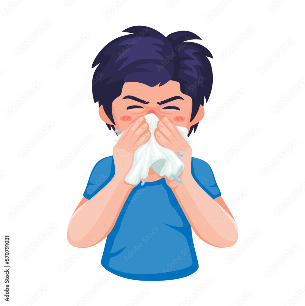 Boy sneezing flu and allergy symptom character symbol cartoon illustration vector Boy sneezing flu and allergy symptom character symbol cartoon illustration vector