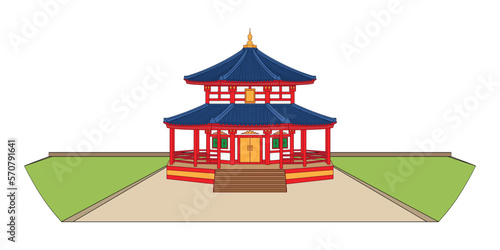 Red Chinese or Japanese octagonal hall or pavilion or  building with landscape drawing in cartoon vector