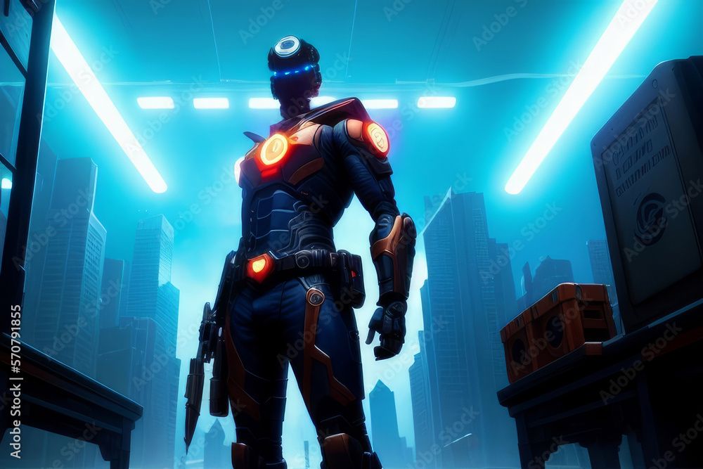 Naklejka premium Sci-Fi Law Enforcement Police Super Hero Background, Tall City Buildings Lights in the Sky Generative AI Illustration