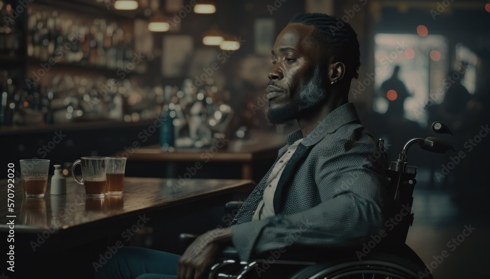 Celebrating Ability, Inclusion, and Diversity: The Power of a Barrier-Free Wheelchair for Independent Living and Empowerment for a Black (African American) Man In a bar (generative AI) Celebrating Ability, Inclusion, and Diversity: The Power of a Barrier-Free Wheelchair for Independent Living and Empowerment for a Black (African American) Man In a bar (generative AI)