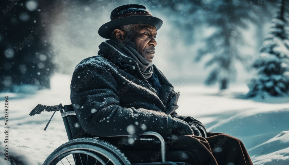 Celebrating Ability, Inclusion, and Diversity: The Power of a Barrier-Free Wheelchair for Independent Living and Empowerment for a Black (African American) Man In a winter wonderland (generative AI)