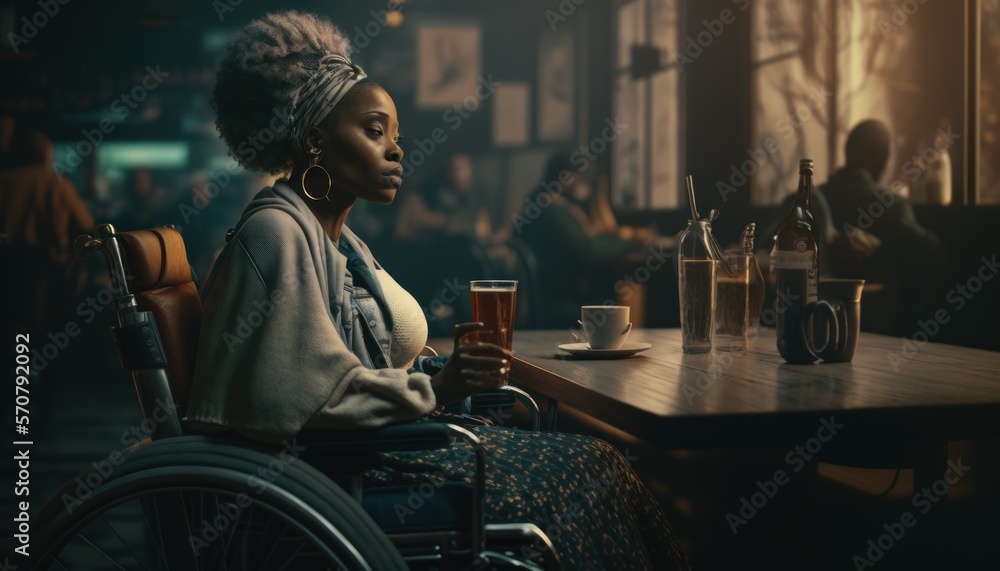 Celebrating Ability, Inclusion, and Diversity: The Power of a Barrier-Free Wheelchair for Independent Living and Empowerment for a Black (African American) Woman In a bar (generative AI)