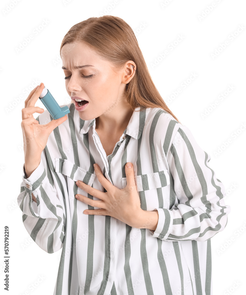 Sick young woman with inhaler on white background Sick young woman with inhaler on white background