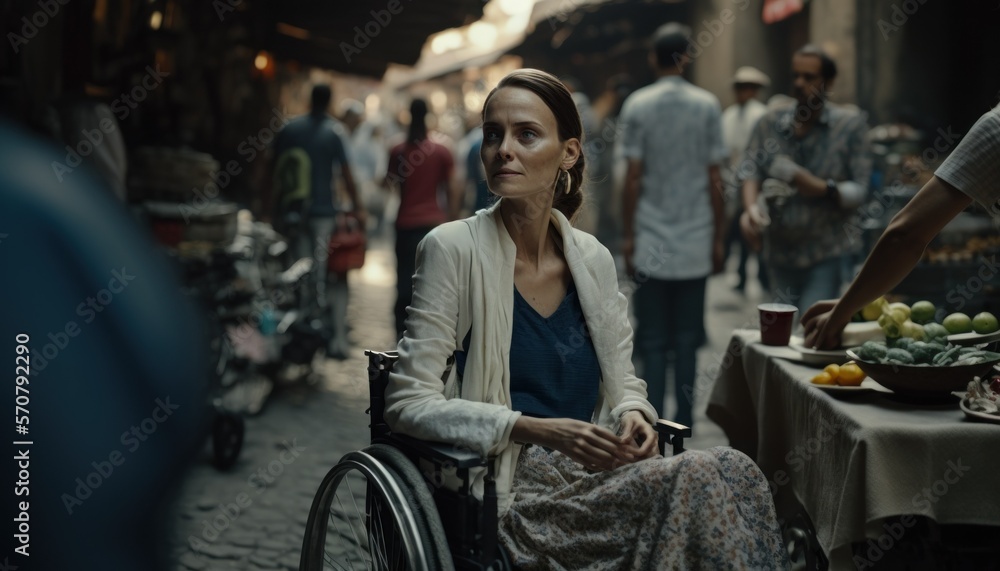 Celebrating Ability, Inclusion, and Diversity: The Power of a Barrier-Free Wheelchair for Independent Living and Empowerment for a White (Caucasian) Woman In a street market (generative AI)