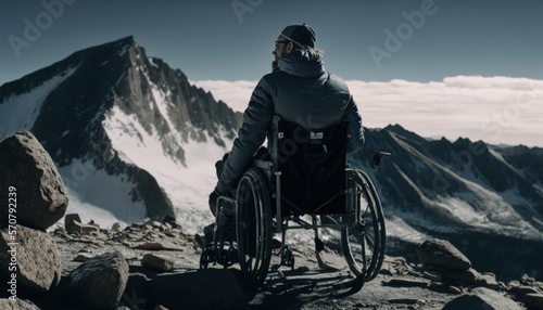 Celebrating Ability, Inclusion, and Diversity: The Power of a Barrier-Free Wheelchair for Independent Living and Empowerment for a White (Caucasian) Man On a mountain (generative AI)