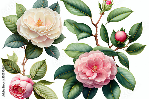 Stampa su tela Camellia Flowers, Illustation, Generative AI