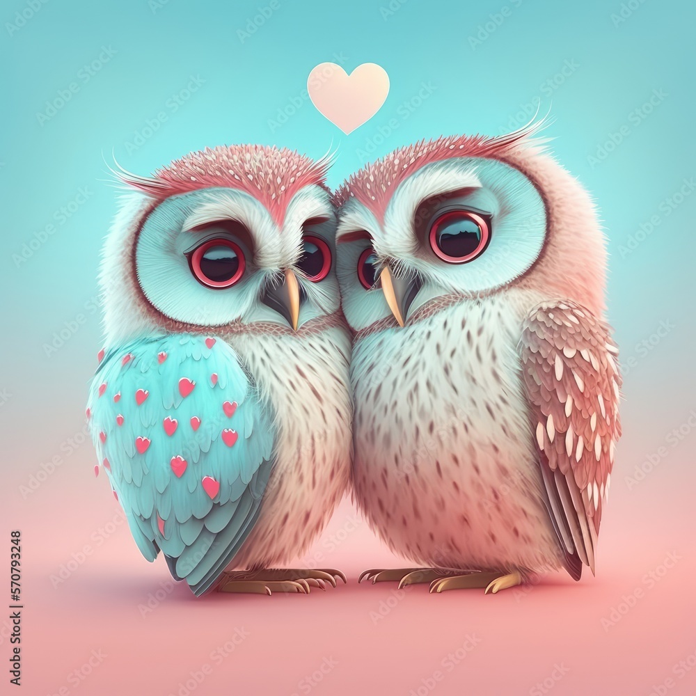 Illustration of a Cute Pair of (Two) Affectionate Owls in an Embrace, Valentine's Day Card or Greeting, Made in Part with Generative AI

