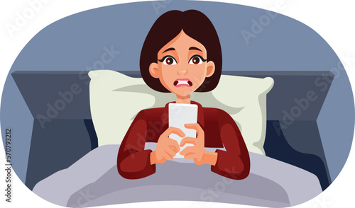 Stressed Woman Checking her Phone Before Sleep Vector Cartoon Illustration. Insomniac person suffering from internet addiction and fear of missing out
