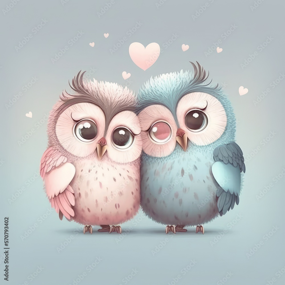 Obraz premium Illustration of a Cute Pair of (Two) Affectionate Owls in an Embrace, Valentine's Day Card or Greeting, Made in Part with Generative AI 