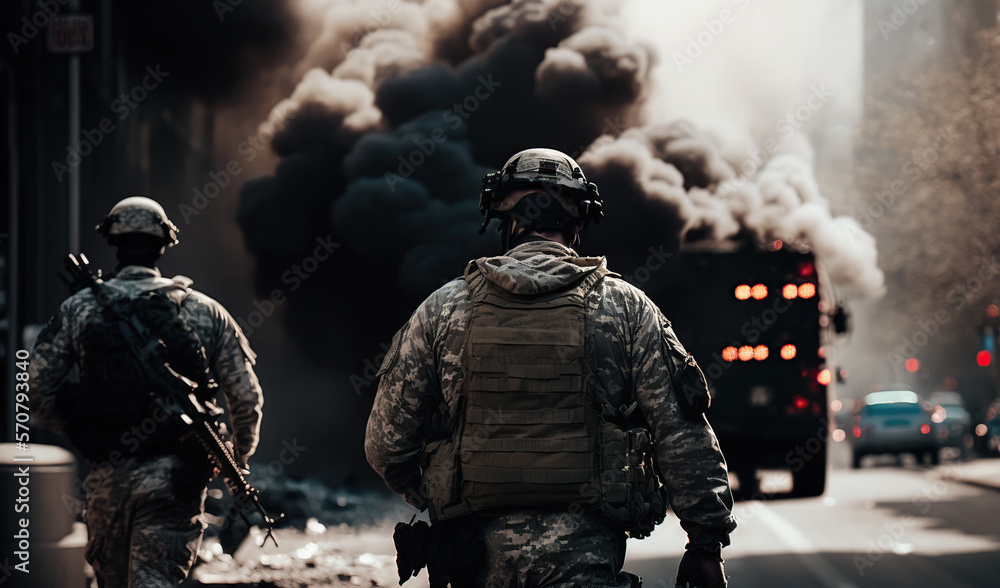 Special ops soldiers fight for survival in chaotic urban warfare in New York City. On fire, armed with rifles, and wearing gas helmets, they navigate debris-filled streets while under attack. Special ops soldiers fight for survival in chaotic urban warfare in New York City. On fire, armed with rifles, and wearing gas helmets, they navigate debris-filled streets while under attack.