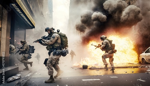 Special ops soldiers fight for survival in chaotic urban warfare in New York City. On fire, armed with rifles, and wearing gas helmets, they navigate debris-filled streets while under attack. photo