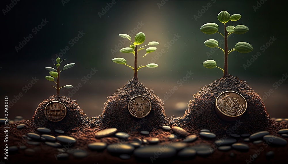 Planting the seeds of success, the journey of business growth, money growth, saving and investing concept, personal finance background, conceptual imagery of financial concepts. Generative AI - obrazy, fototapety, plakaty 