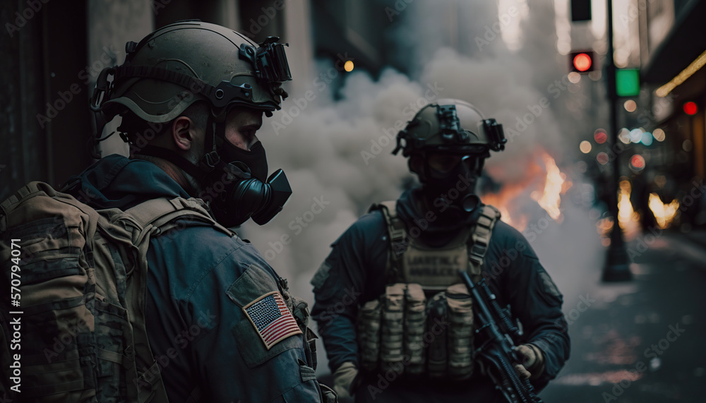Special ops soldiers fight for survival in chaotic urban warfare in New York City. On fire, armed with rifles, and wearing gas helmets, they navigate debris-filled streets while under attack.