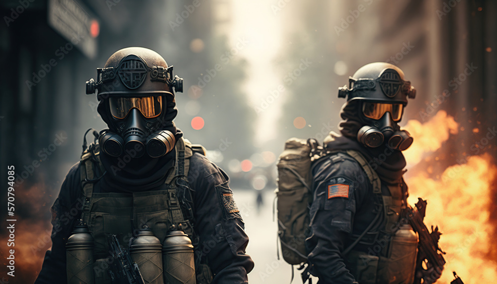 Special ops soldiers fight for survival in chaotic urban warfare in New York City. On fire, armed with rifles, and wearing gas helmets, they navigate debris-filled streets while under attack. Special ops soldiers fight for survival in chaotic urban warfare in New York City. On fire, armed with rifles, and wearing gas helmets, they navigate debris-filled streets while under attack.
