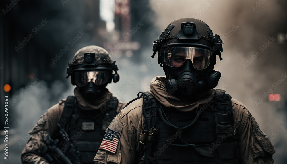 Special ops soldiers fight for survival in chaotic urban warfare in New York City. On fire, armed with rifles, and wearing gas helmets, they navigate debris-filled streets while under attack. Special ops soldiers fight for survival in chaotic urban warfare in New York City. On fire, armed with rifles, and wearing gas helmets, they navigate debris-filled streets while under attack.