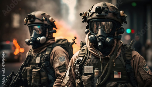 Special ops soldiers fight for survival in chaotic urban warfare in New York City. On fire, armed with rifles, and wearing gas helmets, they navigate debris-filled streets while under attack.