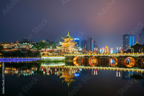 Obraz na płótnie Night view of Jiaxiu Tower in Guiyang, China w salonie