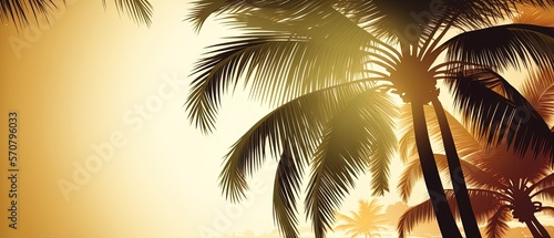 Green palm trees on clean sunset background  lovely clean concept design with copy space for banner template generative ai