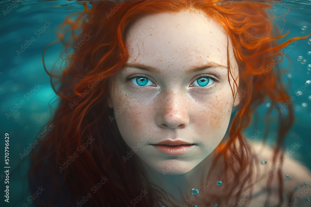 Fictional character. Young girl with red hair swims in turquoise water. Fictional character. Young girl with red hair swims in turquoise water.