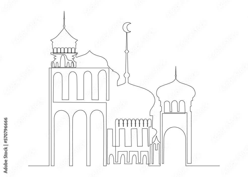 One continuous line of Ramadan poster with Arabic Architecture. Thin Line Illustration vector concept. Contour Drawing Creative ideas. One continuous line of Ramadan poster with Arabic Architecture. Thin Line Illustration vector concept. Contour Drawing Creative ideas.