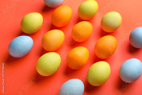 Colorful Easter eggs on color background  closeup