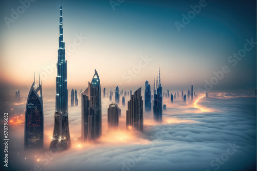 Top of skyscrapers building high above the clouds in the morning sunrise . Futuristic architecture of metropolis city skyline. Peculiar AI generative image.