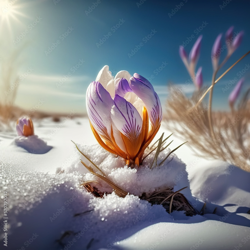 Foto Crocus flower in snow. Generative AI image