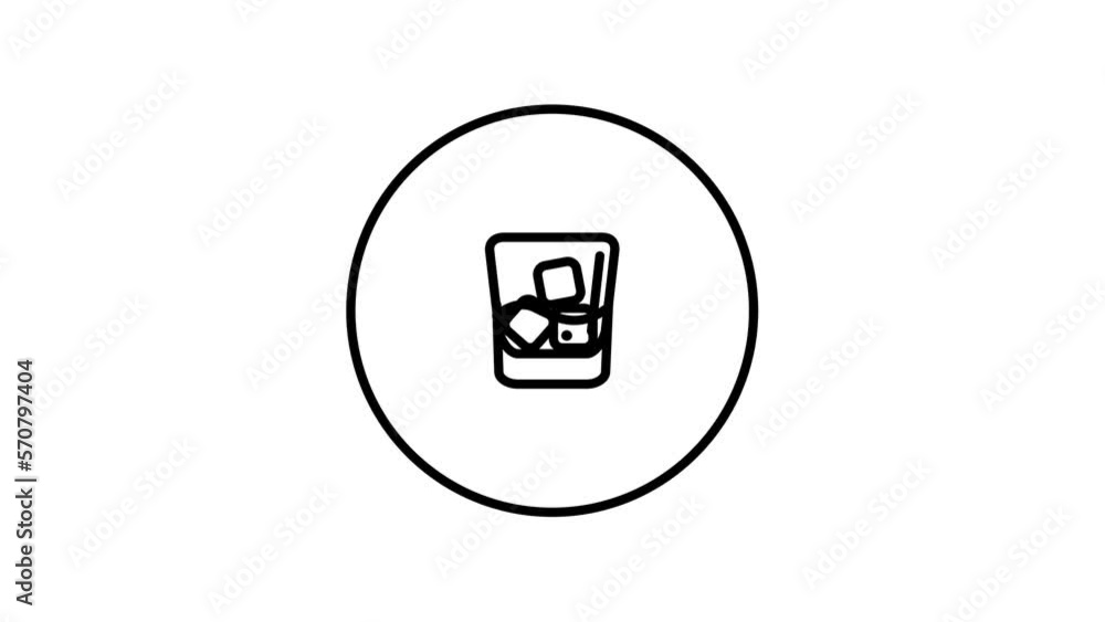 Whiskey glass drink with ice cubes, black and white line icon vector illustration in a circle, celebration beverage, video animation, self drawing Whiskey glass drink with ice cubes, black and white line icon vector illustration in a circle, celebration beverage, video animation, self drawing
