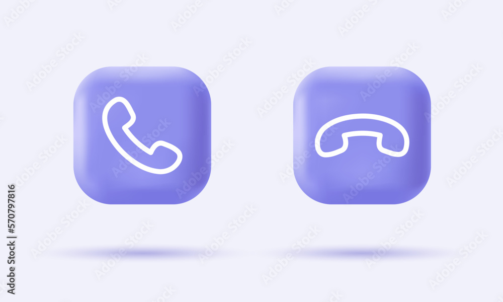 3d phone icon on realistic violet buttons. Accept and reject incoming call. Modern infographic logo and pictogram collection. Vector cartoon illustration. 3d phone icon on realistic violet buttons. Accept and reject incoming call. Modern infographic logo and pictogram collection. Vector cartoon illustration.