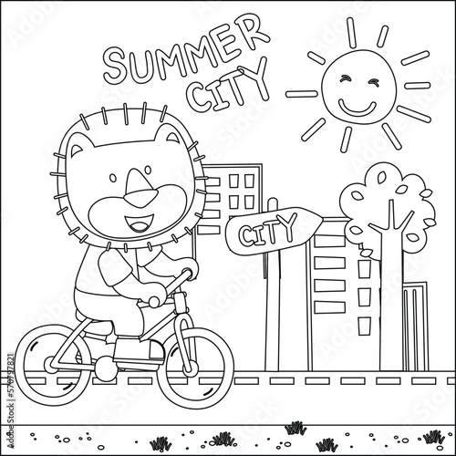 Cute lion riding a bicycle. Trendy children graphic with Line Art Design Hand Drawing Sketch Vector illustration For Adult And Kids Coloring Book.