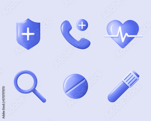 3d medical equipment icons. First aid. Healthcare elements for mobile concepts and web apps. Modern infographic logo and pictogram collection. Vector cartoon illustration.