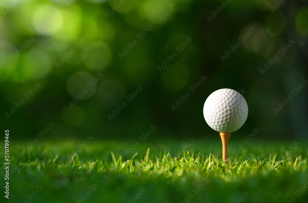 Close-up golf ball on tee with blur green bokeh background. - obrazy, fototapety, plakaty 